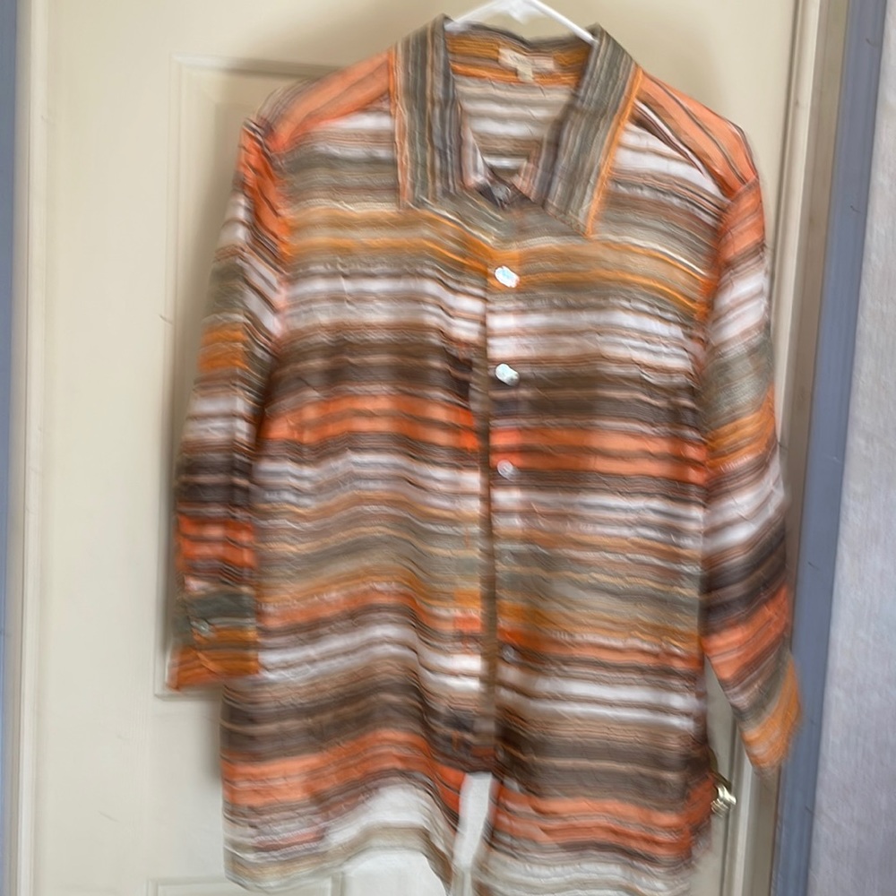 CHOICES SHEER BLOUSE Brown,rust and cream stripes 1X